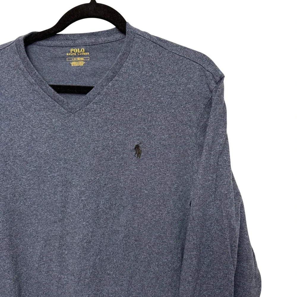 Polo Ralph Lauren Mens Blue Heathered V-Neck Long Sleeve T-Shirt Large Logo